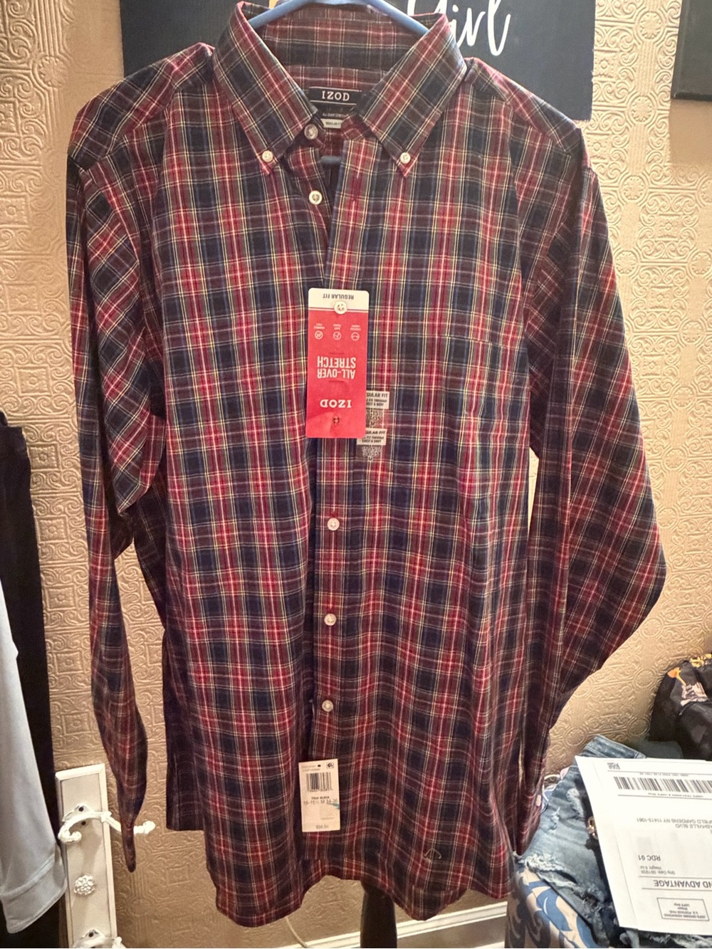Izod Red and Navy Plaid Button-Down Shirt